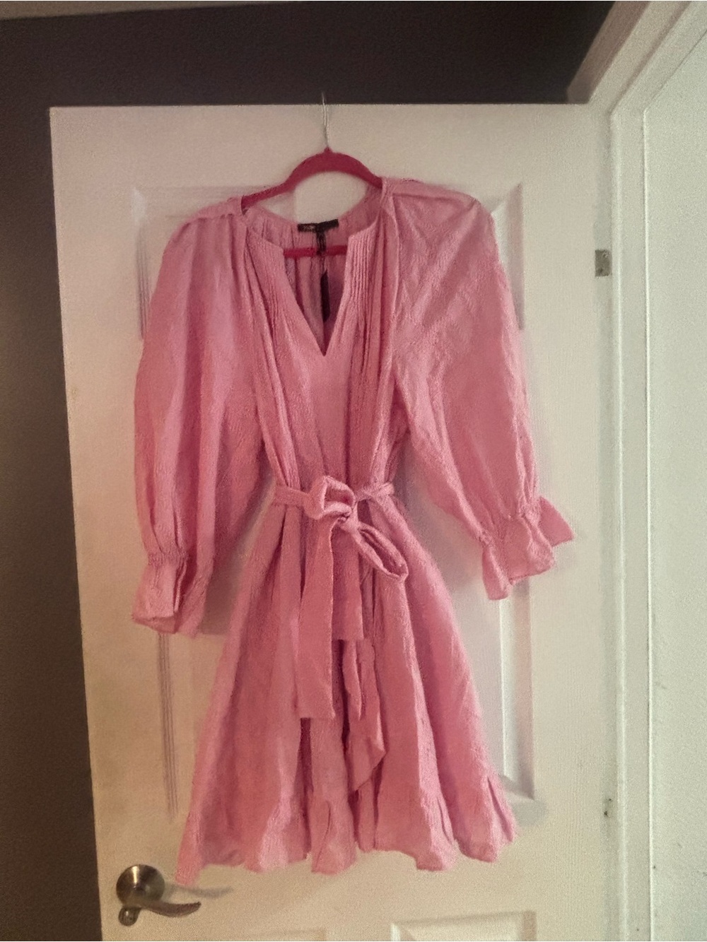 Maje Pink Tie-Waist Ruffled Mini Dress